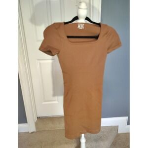 OQQ Brown Ribbed Square Neck Bodycon Mini Dress Short Sleeve Small